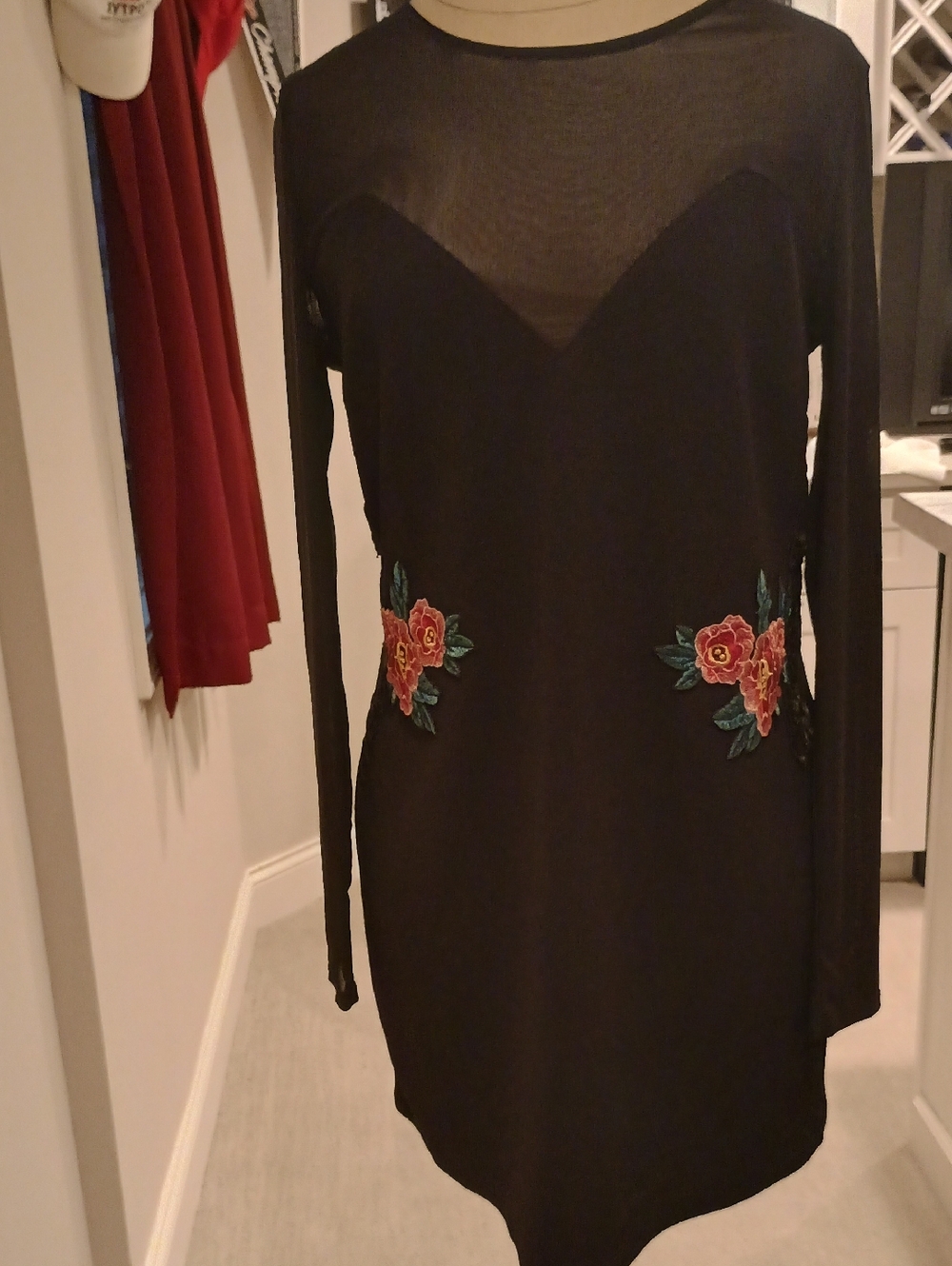 Material Girl Black Long-Sleeve Dress with Red Floral Appliqués